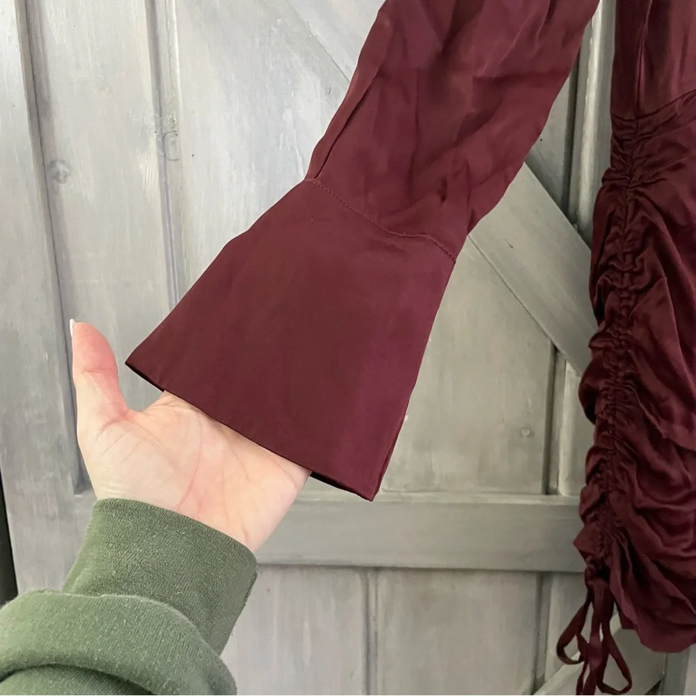 Bardot Sui Side Ruched Long Sleeve Minidress Merlot Red Satin Size US‎ 6 - Picture 13 of 14